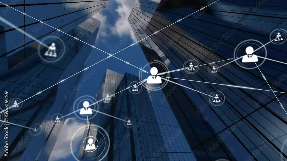 Poster 3d render web connecting glossy skyscrapers, floating white user icons and glowing network nodes