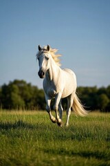 Fototapeta premium there is a white horse running in a field of grass