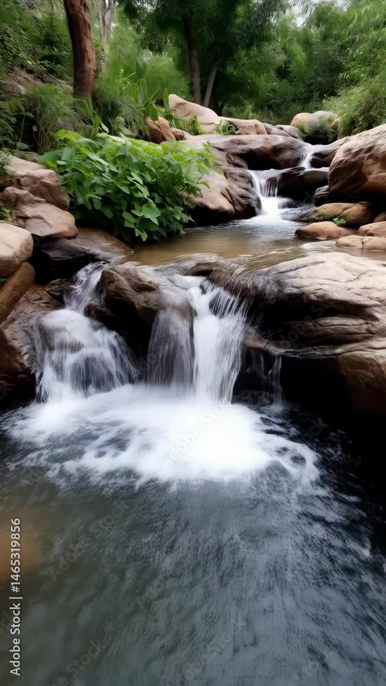 Poster scenic waterfall cascading over large rocks into a calm pool surrounded by lush greenery in a forest