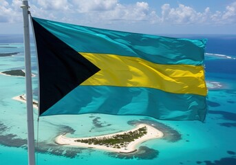 Waving Bahamian Flag Over the Pristine Turquoise Waters and White Sandbars of the Archipelago
