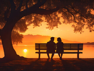 Obraz premium couple sitting on bench at sunset, , ai generated