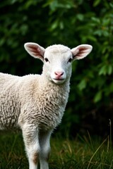 Fototapeta premium there is a small lamb standing in the grass in front of a bush