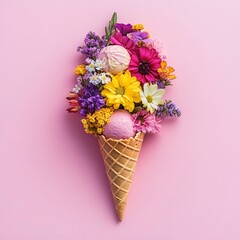 Flower and Ice Cream Cone Arrangement on Pink Background