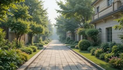 Serene Morning Stroll: A Picturesque Pathway Through Lush Greenery and Elegant Homes