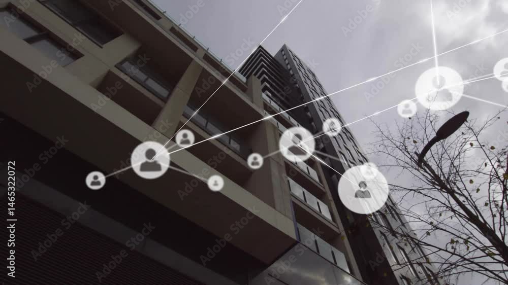 Poster showing high-rise building linking user icons with network lines under cloudy sky using flat design