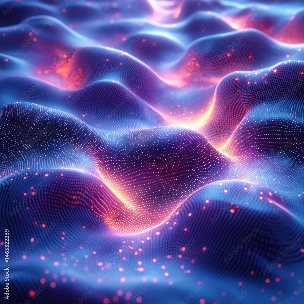 Poster abstract wave surface with glowing dots and particles futuristic design