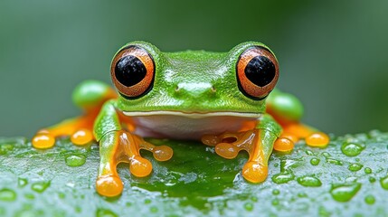 Close-up of a vibrant green tree frog