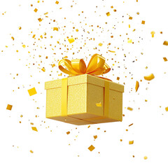 yellow glass gift box falling on white background in cutout style isolated on transparent background
