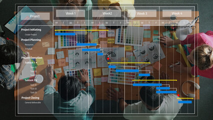 This image presents a comprehensive overview of project management, showcasing a planning table...