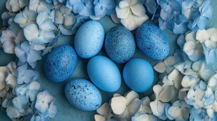 Obraz premium Blue Easter eggs nestled amidst delicate hydrangea flowers