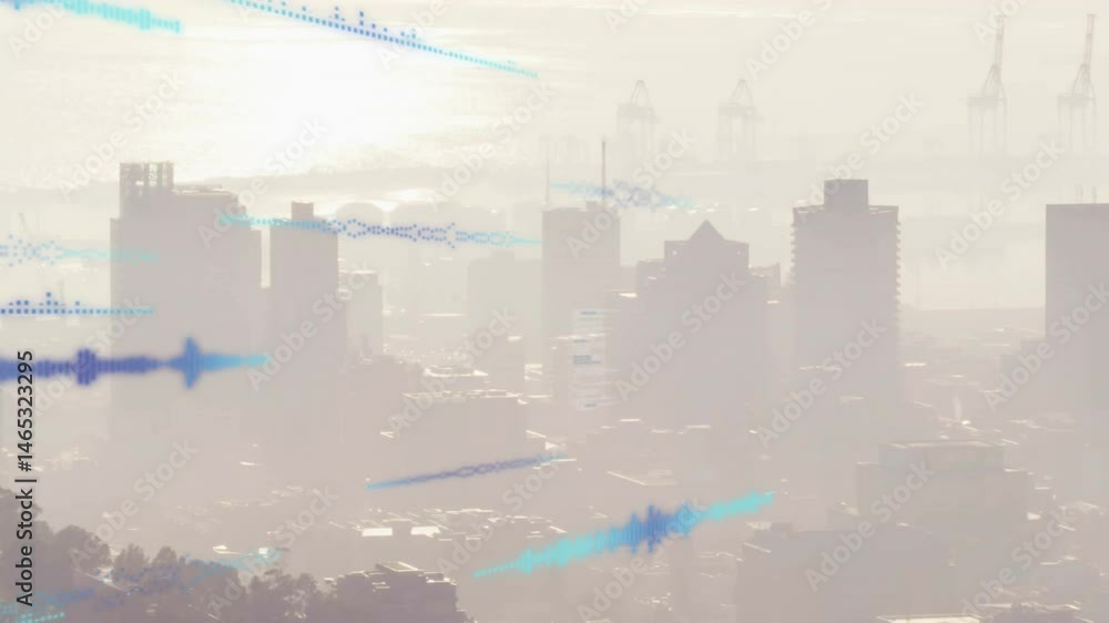 Poster visualizing audio data flowing over misty urban skyline, with stylized waveforms and cranes