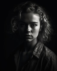 Close-up black and white portrait of a young woman