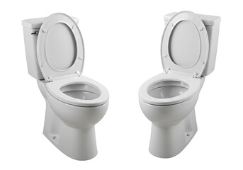 Two white porcelain toilets with open lids standing side by side on a plain white background studio shot
