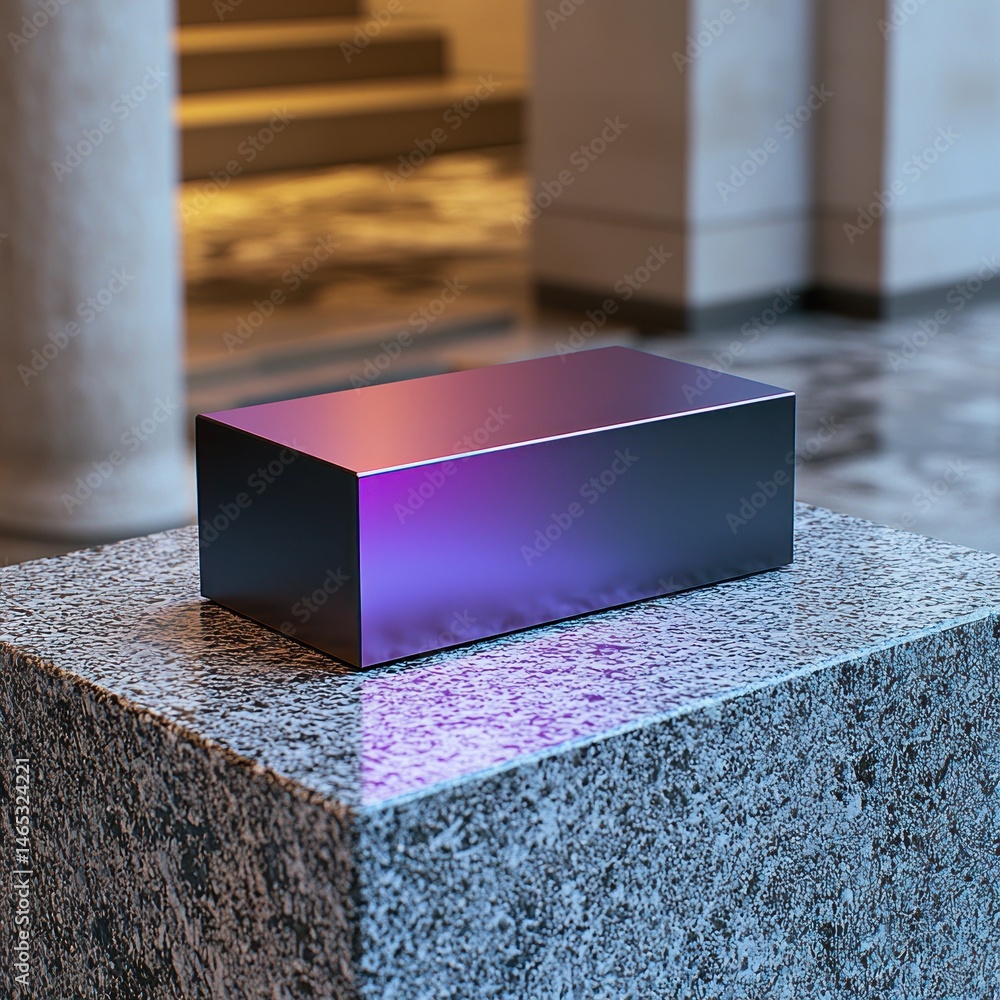 Poster abstract iridescent block on textured stone podium in an architectural space