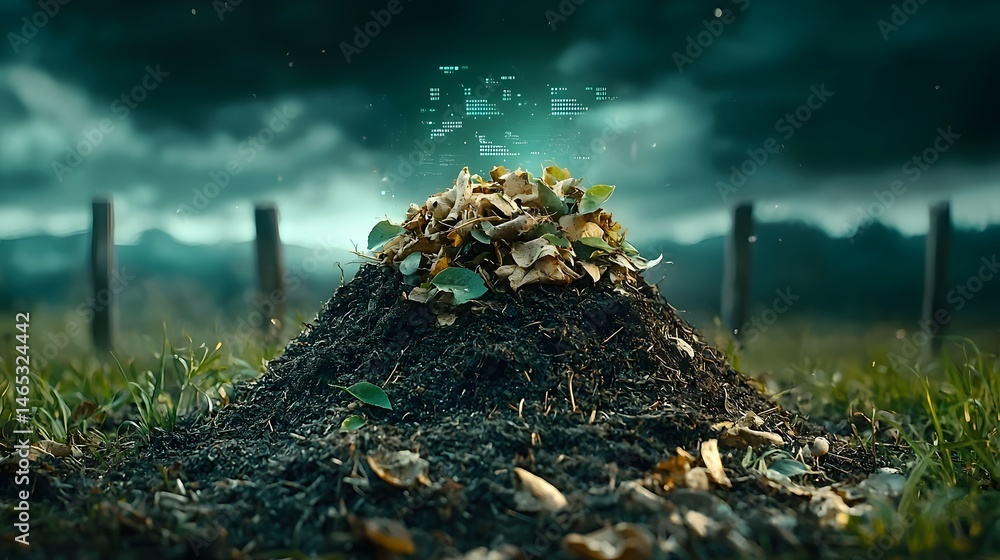 Poster a compost pile glowing with holographic data visualizations that provide insights into the rates and