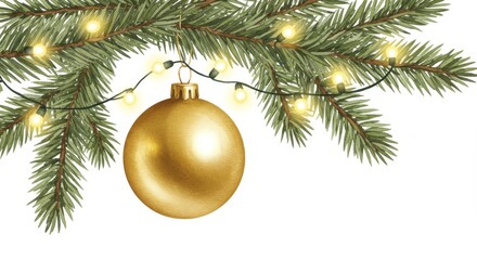 Fototapeta premium Golden Ornament on Evergreen Branch - A matte gold bauble hangs from a decorated evergreen tree branch, illuminated by warm fairy lights. Symbolizing: festive cheer, holiday spirit, winter wonder