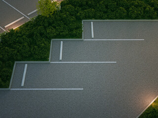 Empty asphalt floor parking lot and garden. Aerial view 3d rendering of car park.