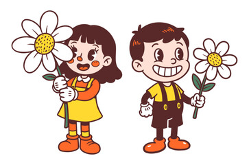 boy and girl with daisy flowers, vintage mascot design, cartoon illustration