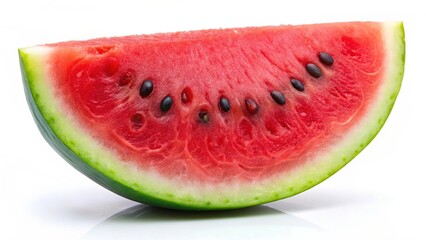 Freshly cut watermelon slice showing juicy red flesh and black seeds on white background
