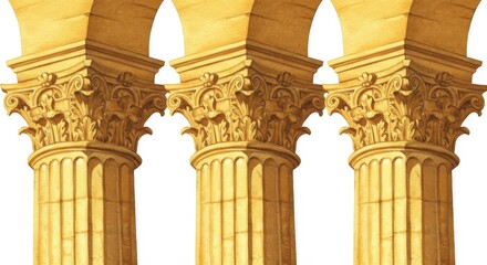 Obraz premium Golden Sunlight on Ornate Columns - Three grand, ornate columns bathed in golden sunlight, symbolizing strength, history, architecture, elegance, and power