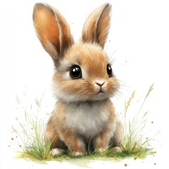 Fototapeta premium Cute bunny rabbit sitting in grass, Easter card