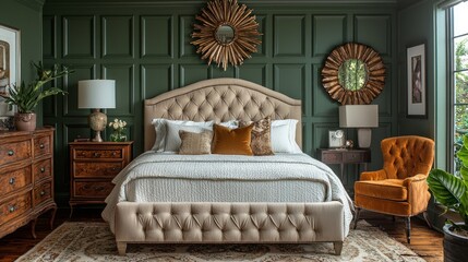 Elegant bedroom with paneled walls and button-tufted bed