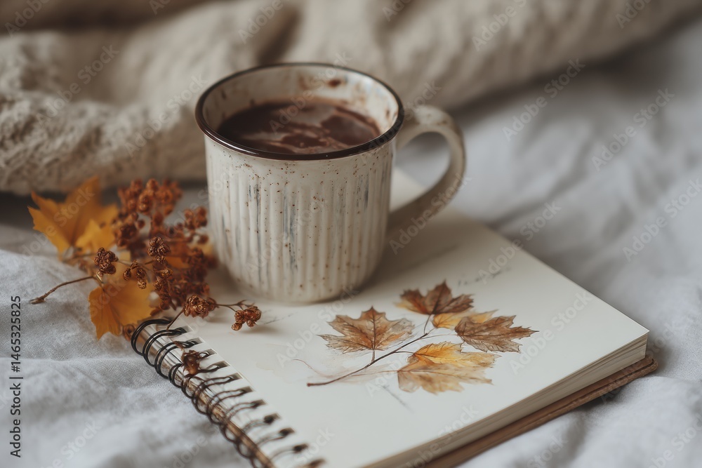 Aufkleber cozy warm mug beside vintage notebook with falling leaf sketch on soft blanket in a tranquil setting