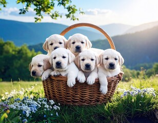 Adorable Labrador Puppies in a Basket Outdoors.Generateby AI.