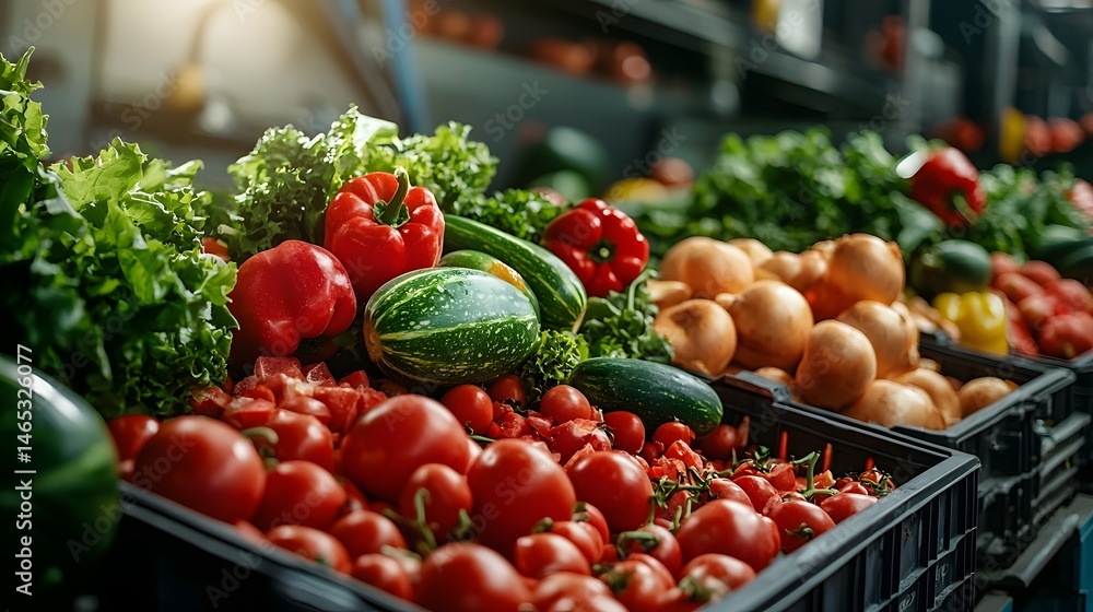 Poster an array of vegetables and fruits neatly arranged on shelves at a bustling local market offering a w