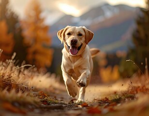 Joyful Labrador Running Through Autumn Forest. Generate by Ai