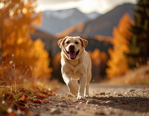 Joyful Labrador Running Through Autumn Forest. Generate by Ai