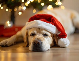 Adorable Labrador in Santa Hat by Christmas Tree. Generate by Ai