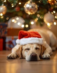 Adorable Labrador in Santa Hat by Christmas Tree. Generate by Ai