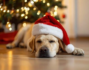 Adorable Labrador in Santa Hat by Christmas Tree. Generate by Ai