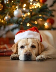 Adorable Labrador in Santa Hat by Christmas Tree. Generate by Ai