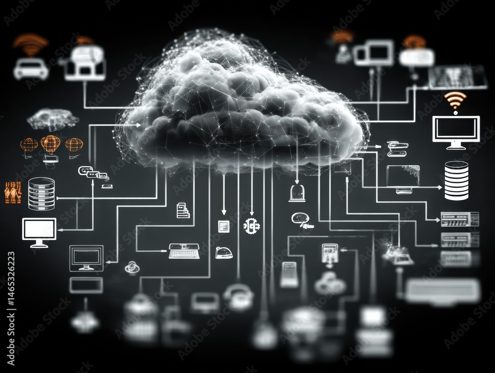 Poster Cloud Computing Concept with Network Connections and Digital Icons Representing Data Flow