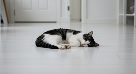 Sleeping cat on white floor