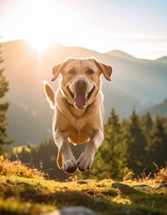 Joyful Labrador Running Through Autumn Forest. Generate by Ai