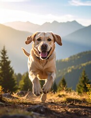 Joyful Labrador Running Through Autumn Forest. Generate by Ai