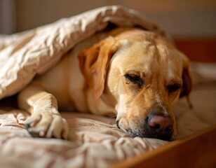 Cozy Labrador Sleeping Under a Blanket. Generate of AI.