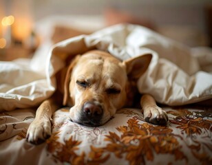 Cozy Labrador Sleeping Under a Blanket. Generate of AI.