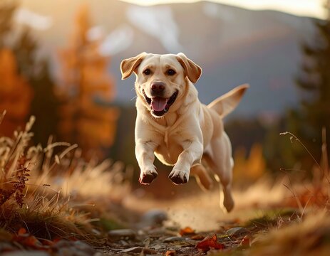Joyful Labrador Running Through Autumn Forest. Generate by Ai