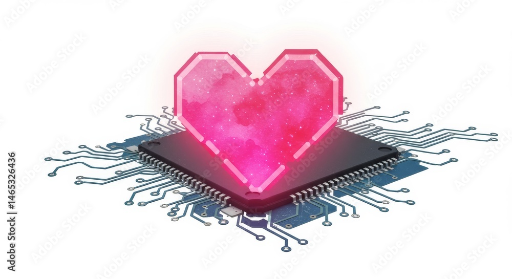 Poster heart on microchip - pink glowing heart-shaped displayed on a microchip, representing technological 