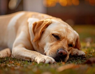 Labrador Resting Peacefully in Autumn Grass. Generate by AI.
