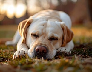 Labrador Resting Peacefully in Autumn Grass. Generate by AI.