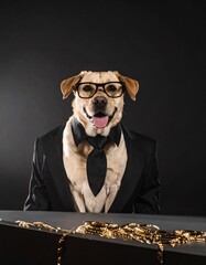 Stylish Labrador in Sunglasses and Suit Outdoors. Generate by Ai