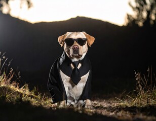 Stylish Labrador in Sunglasses and Suit Outdoors. Generate by Ai