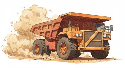 Obraz premium Heavy Haul Truck Dusting Dirt Road - Powerful mining truck, hauling heavy loads, kicking up dust on a dirt road, symbolizing industry, strength, transportation, construction, and earthmoving