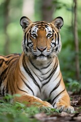 there is a tiger that is laying down in the woods