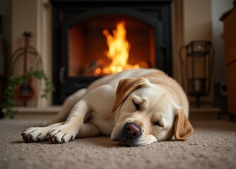 Labrador Resting by a Warm Fireplace. Generate by Ai.